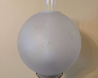 R25 - $175. Electrified Victorian Brass Banquet Lamp with Marble Base. Frosted Glass Shade. Measures 29.5" tall.