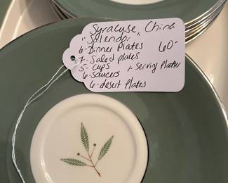 R86 - $60. Syracuse China "Splendor". 6 dinner plates, 6 saucers, 6 dessert plates, 7 salad plates, 5 cups ,1 serving platter.