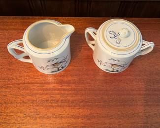 R36 - $550. Spode Queen's Bird. 57 Pieces. 6 Dinner Plates. 9 Luncheon Plates. 9 Saucers. 9 Tea Cups. 1 Medium Oval Serving Bowl 9" x 6.5". 1 sugar bowl & creamer set. 6 - 9" rimmed soup bowls. 8 - Small Bowls 6.25". 8 - Small Plates 6.25".