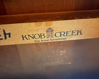 R60 - $600. Knob Creek Dining Table with 2 leaves, 6 chairs & table pad protectors. Excellent condition! Table without leaves is 66" long x 44" wide x 29" tall. 2 - 18" leaves. 2 Captains Chairs. 4 Regular Chairs. All sturdy and solid.