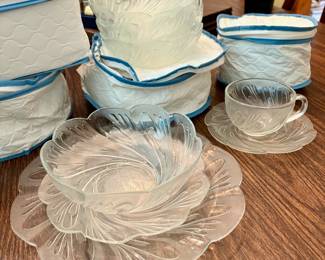 R76 - $100. KIG Swirl Glass Dish Set. Service for 12. Excellent Condition.