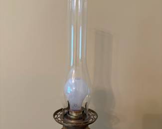 R25 - $175. Electrified Victorian Brass Banquet Lamp with Marble Base. Frosted Glass Shade. Measures 29.5" tall.