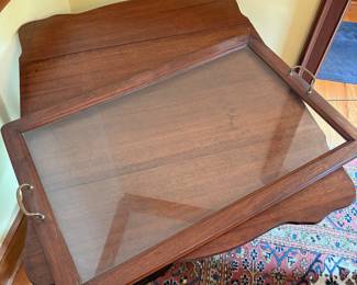 R52 - $175. Drop Leaf Tea Cart with Removable Glass Top Tray. Measures 35" with leaves up x 29" x 27" tall.
