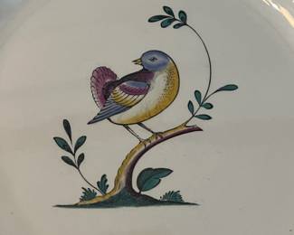 R36 - $550. Spode Queen's Bird. 57 Pieces. 6 Dinner Plates. 9 Luncheon Plates. 9 Saucers. 9 Tea Cups. 1 Medium Oval Serving Bowl 9" x 6.5". 1 sugar bowl & creamer set. 6 - 9" rimmed soup bowls. 8 - Small Bowls 6.25". 8 - Small Plates 6.25".