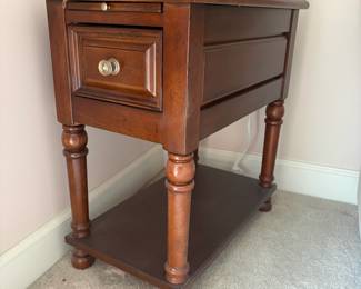 R5 - $40. Lane Furniture Thin Side Table. Measures 13" wide x 22" deep x 23" tall. Single drawer slides easily. Very good condition.