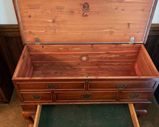 R47 - $150. Lane Cedar Chest on Legs. Good condition, top is faded. Very sturdy. No key. Measures 44" wide x 18" deep x 28" tall.