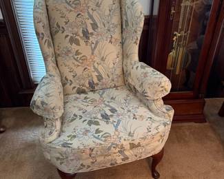 R48 - $150. Pair of Highland House High Wingback Chairs with Bird & Floral Pattern. Measures 32" wide x 22" deep x 44" tall. Floor to Seat is 19". Great condition!