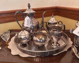 R118 - $40. Silver Plate Tea Set with Tray.