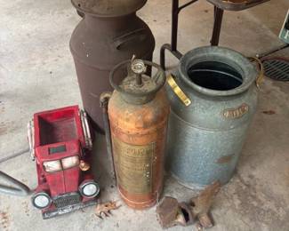 Milk Cans, CopperFire Extinguisher, red truck planter