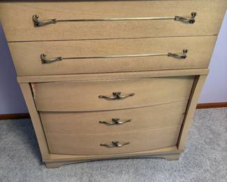Mid Century Modern blonde Highboy dresser and matching full bed with headboard, Retro Atomic Era, 2 piece set, Stamped the real McCoy, Bow and tie loop hardware