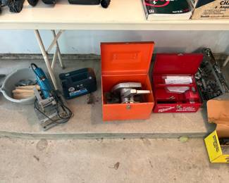 miter box, small chop saw, misc galvanized tool box with fittings