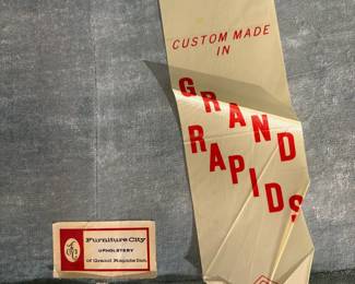 Original tags for Blue settee, Grand Rapids, Furniture city, Mint