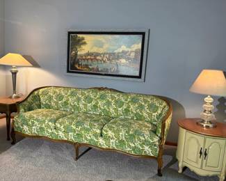 Mid Century French Provencial Curved arm sofa in Chintz floral fabric, nice lamps. Ethan allen country side tables, has a matching coffee table, (not pictured)