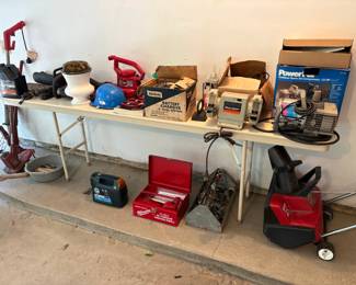 Misc power tools, Electric snow blower, electric blower, Grinder, Power compressor/painter, Skill saw, Milwaukee 18V drill and two batterys. all tested and work