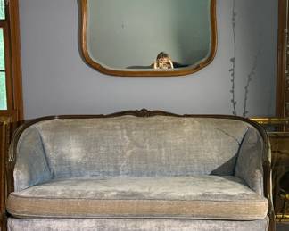 Furniture City, Grand Rapids Mid Century Settee in Ice Blue Velvet, Mint, with French country beveled and carved mirror. Carved