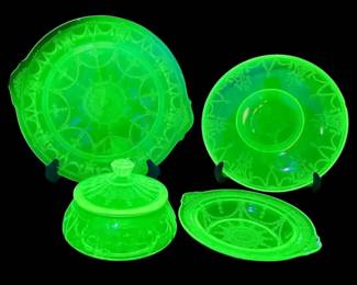 Uranium Cameo Ballerina Depression Glass Plates, Lidded Candy Dish, More