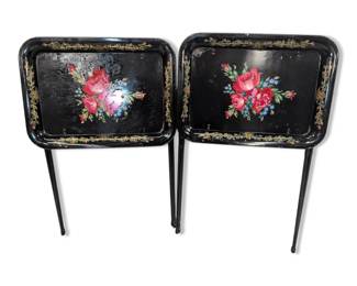 Two Black Metal Folding TV Trays W Floral Design