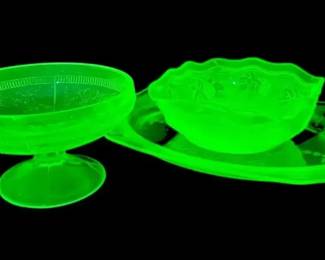 Uranium Glass Tray, Bowl, Cup