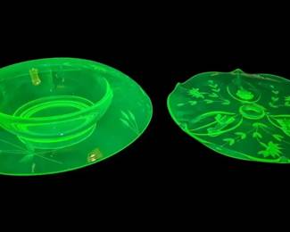Uranium Glass ThreeFooted Serving Plate Bowl