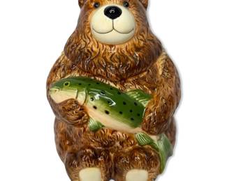 Ceramic Brown Bear W Fish Cookie Jar