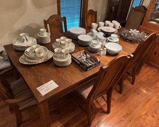 Bassett Dining Room Table & 6 chairs SOLD & 3 sets of dishes