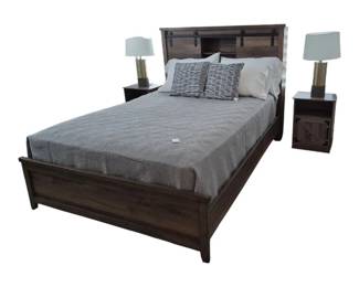 Queen Size bed with bookcase headboard, matching nightstands and lamps