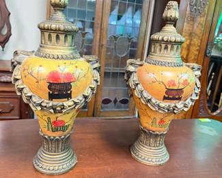 Pair Wooden Decorative Urns
