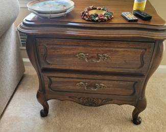 French Provincial Bombe style twodrawer Nightstand from walnut wood and brass pulls