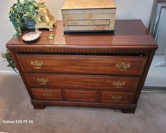 Wood Dresser with three drawers 1 missing brass handle