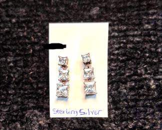 Sterling Silver Rhinestone Dangling Earrings