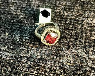 Red Glass Stone Surrounded by Rhinestone ring