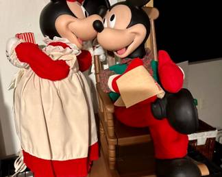 Vintage Santa's Best Mickey Unlimited animated figure set 1997, featuring Mickey and Minnie Mouse in a rocking chair