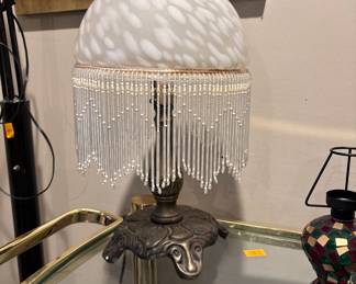 Vintage Victorian Style Beaded Table Lamp with Glass Dome Shade