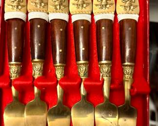 Vintage Thai Siam Buddha Motif Brass and Rosewood hors d'oeuvres forks