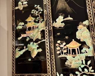 VTG Oriental Black Lacquer Chinese Asian Panels Mother Pearl Wall Art 3-Panel Set