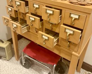 Vintage Oak Card Catalog on Legs with Original Cards (open to selling ahead of time)
