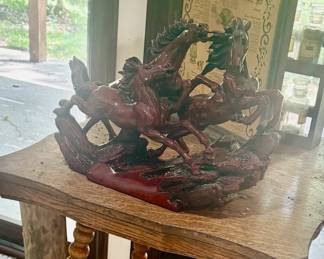 Vintage Chinese Red Resin Sculpture of Three Galloping Horses 