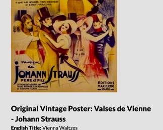 Framed Original Vintage Poster: Valses De Vienna-Johann Strauss Circa 1930's