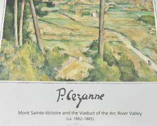 This is a framed art poster of Paul Cézanne's "Mont Sainte-Victoire and the Viaduct of the Arc River Valley"