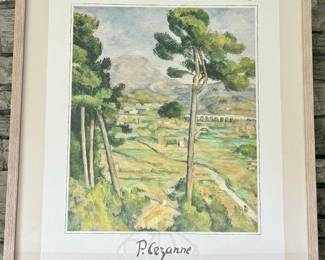 This is a framed art poster of Paul Cézanne's "Mont Sainte-Victoire and the Viaduct of the Arc River Valley"
