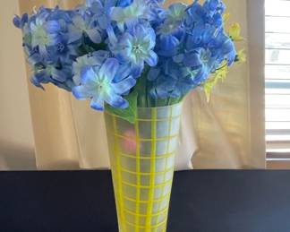 Artificial Blue Delphinium and Yellow Flower Arrangement in Yellow Grid Vase