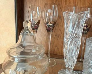 Ion Tamaian HandPainted Decorative Wine Glasses and Etched Glass Lidded Jar