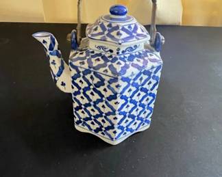 Blue and White Hexagonal Ceramic Teapot with Metal Handle