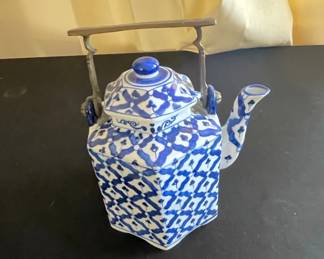 Blue and White Hexagonal Ceramic Teapot with Metal Handle second image