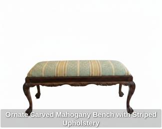 Ornate Carved Mahogany Bench with Striped Upholstery