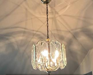 Vintage Brass Chandelier with Etched Glass Panels