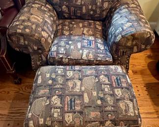 Armchair and Ottoman with Sports Motif Upholstery (Golf, Tennis, Trophies)