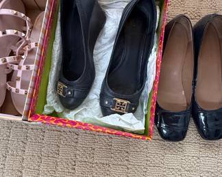 Tory Burch Black Leather Wedge Heels and Black Patent Leather Flats