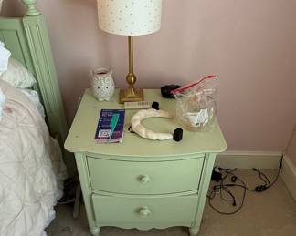 Pale Green Two-Drawer Nightstand with Ornate Knobs