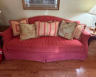 Pink and Green Floral Chintz Sofa with Striped Accent Pillows
